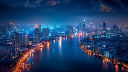 Poster - In the nighttime of Bangkok, Thailand, smart network technology concept with city background, panorama view