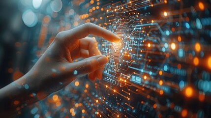 Fototapete - Data-driven concept. Digital neural network. Business woman holding artificial intelligence. Cyberspace of the future. Innovation in technology and science.