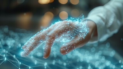 Aufkleber - Digital neural network concept. Business woman hand touching introduction of artificial intelligence. Cyberspace of the future. Innovation and science in technology.