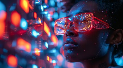 Aufkleber - People with glasses trying to interact with objects in a virtual world named the metaverse. Futuristic tone.