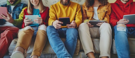 Aufkleber - In the background is a close-up group of hipster friends sitting on a couch using smartphones. Business Startup Friendship Teamwork Concept. Coworking Process Studio.Blurred.