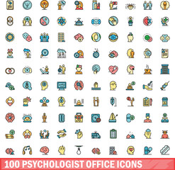 Sticker - 100 psychologist office icons set. Color line set of psychologist office vector icons thin line color flat on white