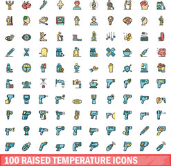 Poster - 100 raised temperature icons set. Color line set of raised temperature vector icons thin line color flat on white