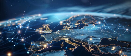 Poster - Telecommunication and data transfer technologies with international internet connections. IoT, finance, business, blockchain, security.