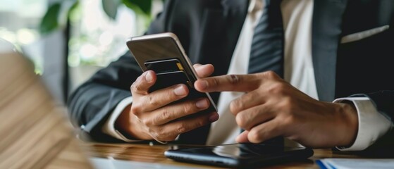 Poster - A businessman hands over a mobile device to connect a digital wallet. A smart phone, online banking, e-commerce, how to use an e-wallet, finances, and economics.