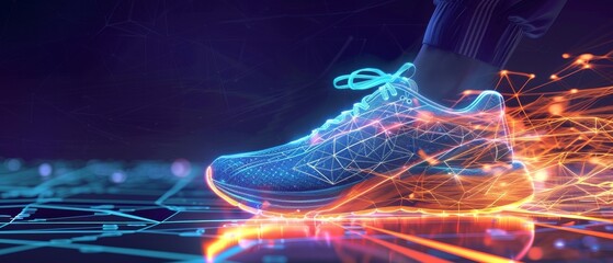 Poster - Future, sneakers and graphics for workout, exercise and balance for routine, training for marathons and wellness. Hologram, shoes and sports for fitness, running and speed.
