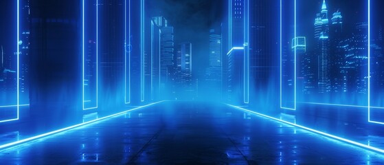 Aufkleber - A blue neon light background of a city