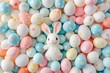 Happy Easter Eggs Basket Decorative eggs. Bunny hopping in flower easter bonnet decoration. Adorable hare 3d illustrative art rabbit illustration. Holy week easter hunt gap card pest management