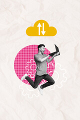 Poster - Photo sketch collage picture of funky excited guy chatting apple samsung modern device isolated graphical background