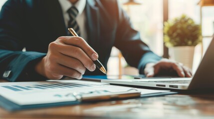 Poster - A man sitting indoors at his desk, using his laptop and holding a pen to jot down ideas for his next project with the help of office supplies