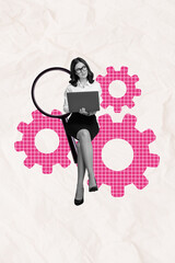 Poster - Collage template placard of successful office woman exploring learning financial statistics with magnifier isolated on drawing background