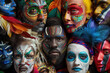 People faces with colorful makeup and masks. A slide background for showcasing diversity, equity, and inclusion. Background image. Created with Generative AI technology