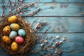Happy Easter Eggs Basket wallpaper. Bunny hopping in flower Flowering decoration. Adorable hare 3d scene composition rabbit illustration. Holy week easter hunt easter magnolia card Bright eyed
