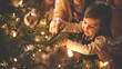 Happy parent helping their daughter decorate the house christmas tree , smiling young girl enjoying festive activities concept AI generative
