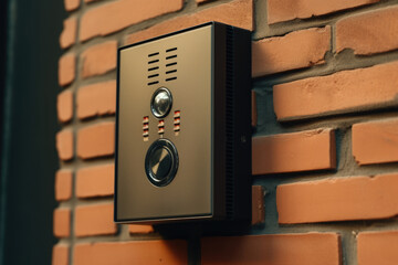Poster - Metal button attached to brick wall near a door, suitable for architectural or industrial themes