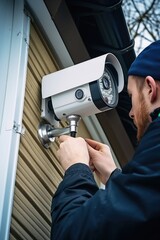 Poster - A man installing a security camera on a house. Suitable for security system concepts