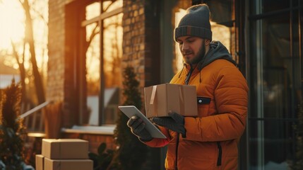 Wall Mural - Handsome delivery man sending parcel box to customer, mail postman courier, shipment concept.