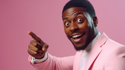 Poster - A man in a pink suit pointing. Suitable for business concepts