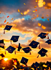 Wall Mural - academic caps in the air at graduation. Selective focus.