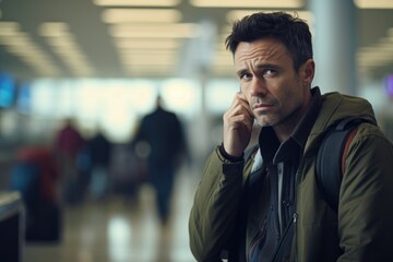 Aufkleber - A man talking on his cell phone in a busy airport. Suitable for travel and communication concepts