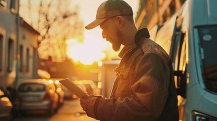 Handsome delivery man sending parcel box to customer, mail postman courier, shipment concept.