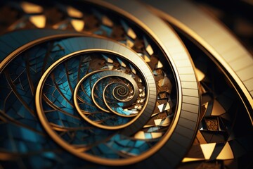Aufkleber - A spiral staircase with gold and blue accents, suitable for architectural and interior design concepts