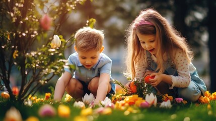 Wall Mural - Two children playing in the grass with flowers. Suitable for family and outdoor activities concept