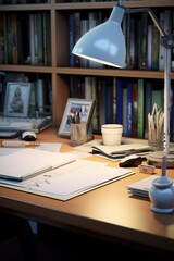 Aufkleber - A desk with a lamp and a laptop, suitable for office or workspace concepts