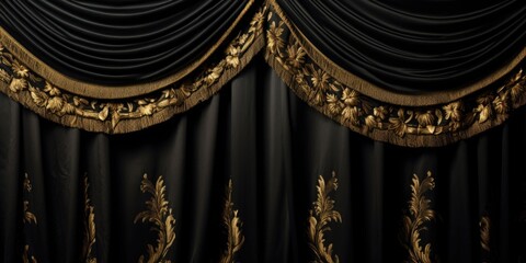Poster - Elegant black and gold curtain with stylish gold trim. Perfect for interior design projects