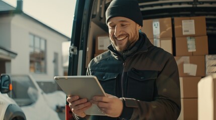 Wall Mural - Delivery man sending a parcel box to customer.