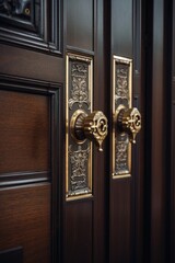 Poster - Detailed shot of a door handle on a wooden door. Suitable for home improvement projects