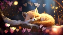 A Fox Cub Was Sleeping On A Tree In The Snowy Night And Having A Sweet Dream. Lovely Lullaby Cozy And Nice Dream At Night. 4k Looping