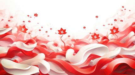 Poster - A vibrant red and white background with flowers and ribbons. Perfect for various design projects