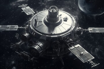 Poster - A space station floating in the midst of a vast galaxy. Suitable for science fiction themes