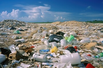 Poster - A pile of trash on a beach with a blue sky background. Suitable for environmental conservation concepts