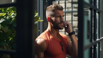 Poster - Man using cell phone by window, suitable for technology concepts