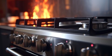 Poster - A close up of a stove with a fire in the background. Suitable for home decor or fireplace advertisements