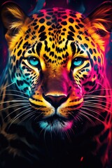 Poster - A close up of a leopard's face on a black background. Ideal for wildlife and animal-themed designs