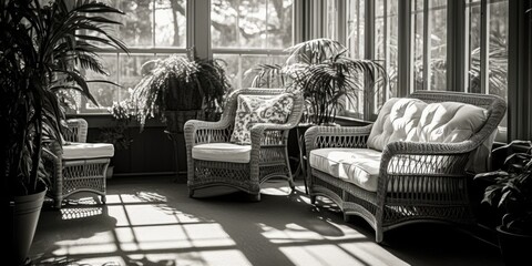 Sticker - A serene sun room captured in black and white. Ideal for interior design projects