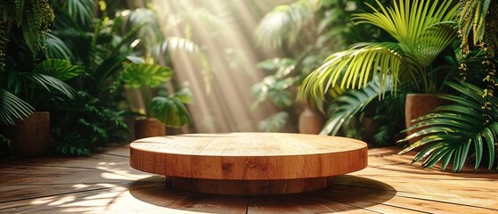  Wooden podium for product display with tropical greens around. Summer design for product commercial.
