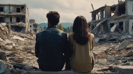Poster - A man and a woman sitting on a pile of rubble. Suitable for concepts of survival and teamwork