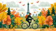 simple line art minimalist collage illustration with professional track racing cyclist on a track bike and Eiffel Tower in the background, olympic games, wide lens