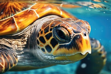 Poster - A detailed shot of a turtle swimming in the water. Suitable for nature and wildlife themes