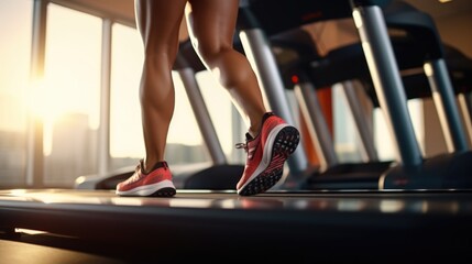 Poster - Woman running on treadmill in gym, suitable for fitness and exercise concept