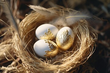 Wall Mural - Three white eggs in a nest with feathers, perfect for spring or Easter themes