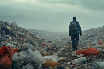 Poster - A man walking through a pile of garbage, suitable for environmental concepts