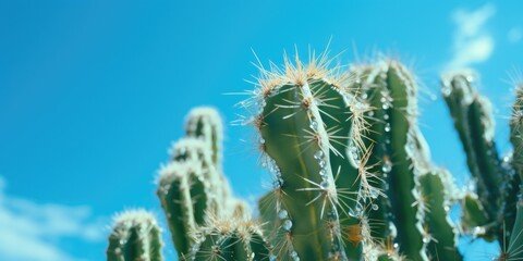 Poster - Close up of a cactus plant with a clear blue sky background. Suitable for nature and desert themes