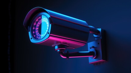 Poster - A camera mounted on a wall in a dark room. Ideal for illustrating surveillance or security concepts