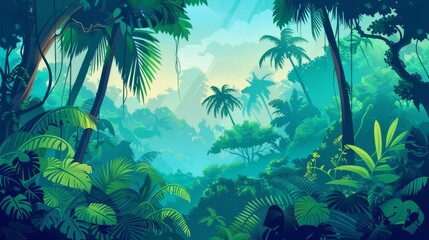 Poster - Landscape of a tropical jungle from a perspective of a vast expanse of dense forest with palms and lianas. Global color pattern of lush vegetation in a lush tropical rainforest. Colored flat