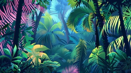 Poster - The tropical jungle landscape consists of palms and lianas. Exotic colorful forest with foliage plants. Colored flat  illustration.